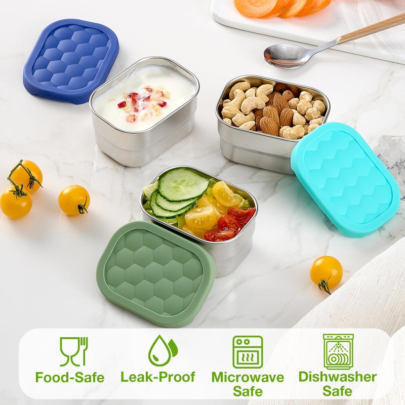 Gencywe 3 Pack Stainless Steel Snack Containers for Kids, 8 oz Easy Open Leak Proof Small Toddler Snack Containers with Silicone Lids, Stackable Metal Lunch Box for Daycare and School (Blue) - Image 3