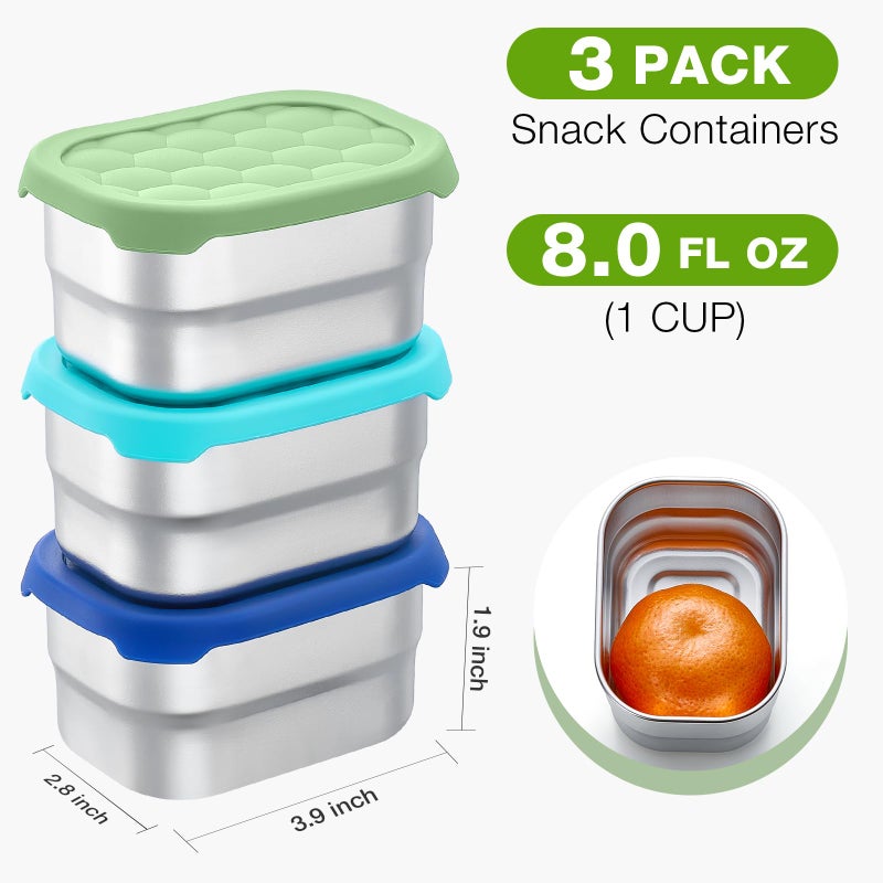 Gencywe 3 Pack Stainless Steel Snack Containers for Kids, 8 oz Easy Open Leak Proof Small Toddler Snack Containers with Silicone Lids, Stackable Metal Lunch Box for Daycare and School (Blue) - Image 2