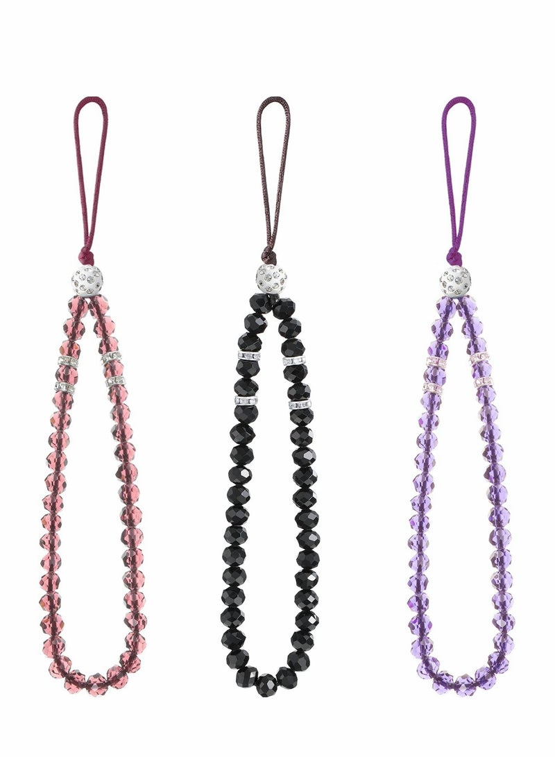 3 Pcs Cell Phone Lanyard Strap, Charm Bling Crystal Beads Hand Wrist Lanyard Strap String, Women's Wristlet for Cell Phone Camera Purse MP3 MP4 iPod PSP Keychain (Red+Black+Purple) - Image 1