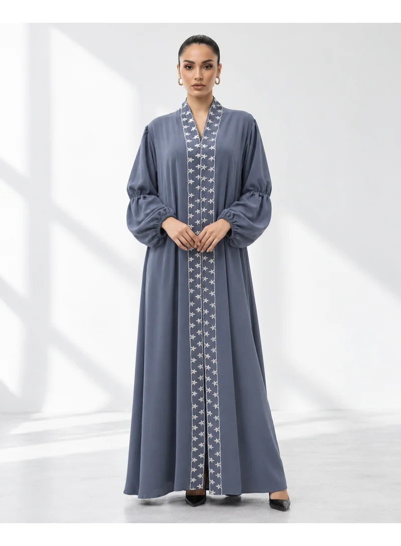 Aara Slate Blue Embroidered Abaya with Puff Sleeves