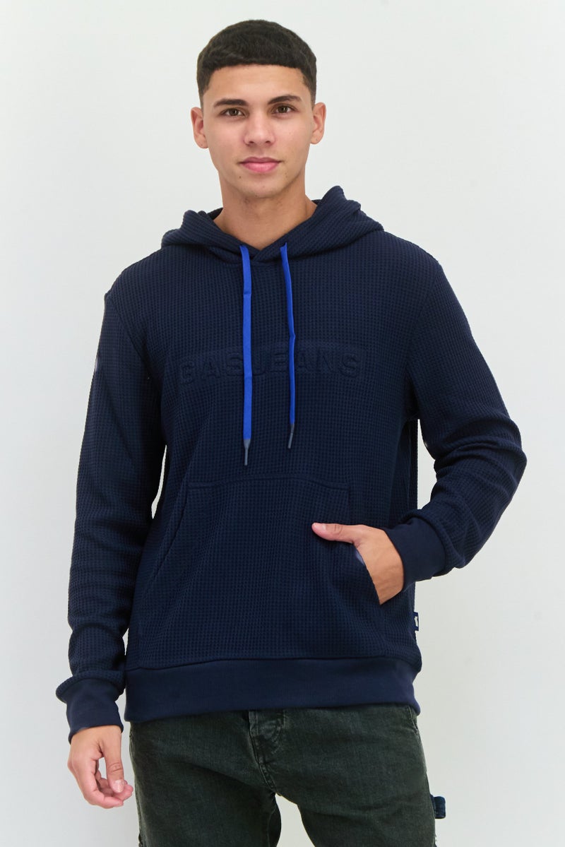 Gas Jeans Men Textured Long Sleeves Hoodie, Navy - Image 1