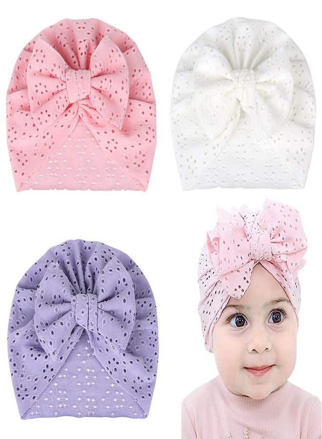 PALAY® 3pcs Baby Cap for 6-12 Months, Soft Baby Turban Cap for Baby Girl Boy, Stretchy Big Bow Baby Caps for Born 0-3 Months, Breathable Lovely Newborns Infant Hat Shower Gifts - Image 1