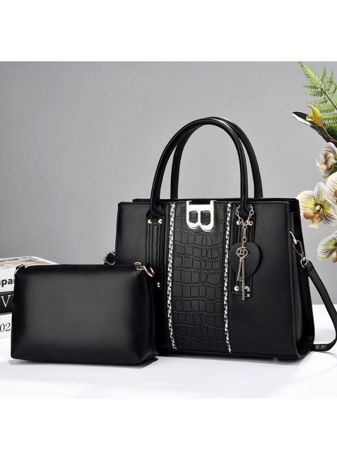 Black Handbag Set, Structured Tote Bag with Matching Pouch, Textured Panel &  Charm