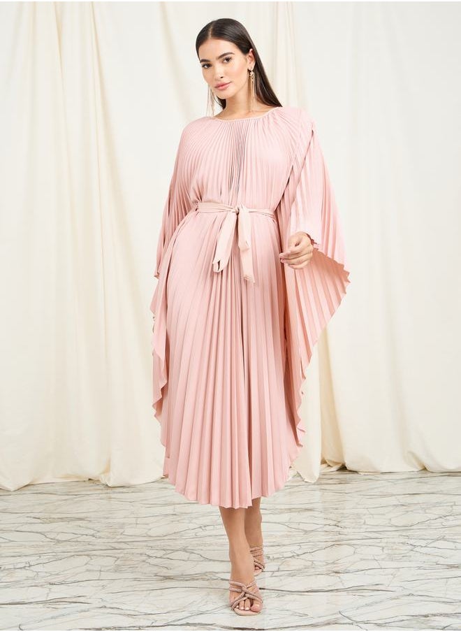 Styli فستان متوسط الطول بحاشية منديل مع طيات الأكورديون مع ربطة ذاتية  - Image 1
