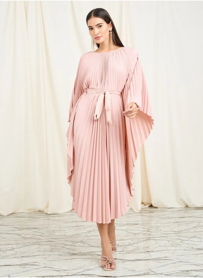 ستايلي Accordion Pleats Handkerchief Hem Midi Dress with Self Tie Up