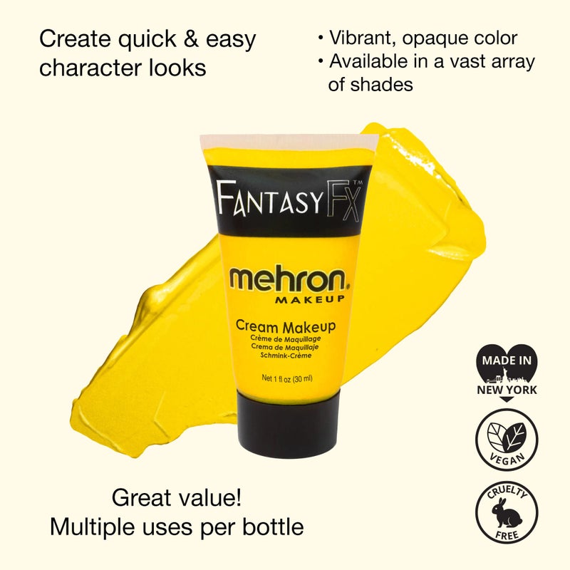 Mehron Makeup Fantasy FX Cream Makeup | Water Based | Halloween | Yellow Face & Body Paint For Adults 1 fl oz (30ml) (YELLOW) - Image 2