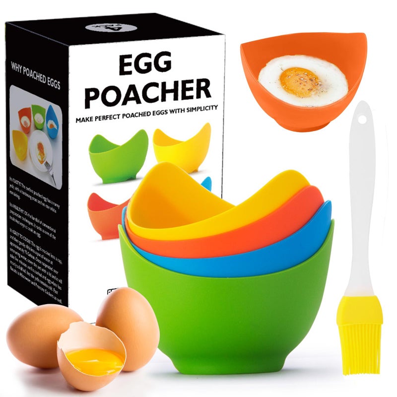 Egg Poacher  Poached Egg Cooker with Ring Standers Food Grade Non Stick Silicone Egg Poaching Cup for Microwave or Stovetop Egg Poaching with Extra Silicone Oil Brush BPA Free 4 Pack
