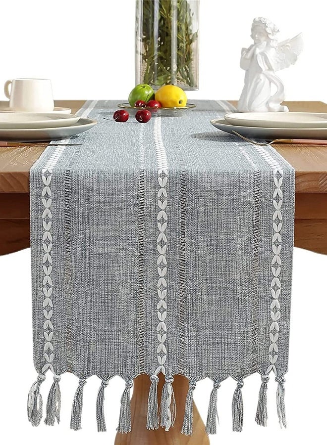 Vintage Table Runner with Tassels 13 x70 Inch Woven Hollow Out Farmhouse Cotton Linen Classic for Dining Party Holiday Decorations, Home Bedroom Rustic Wedding Coffee Dining Machine Washable - Image 1