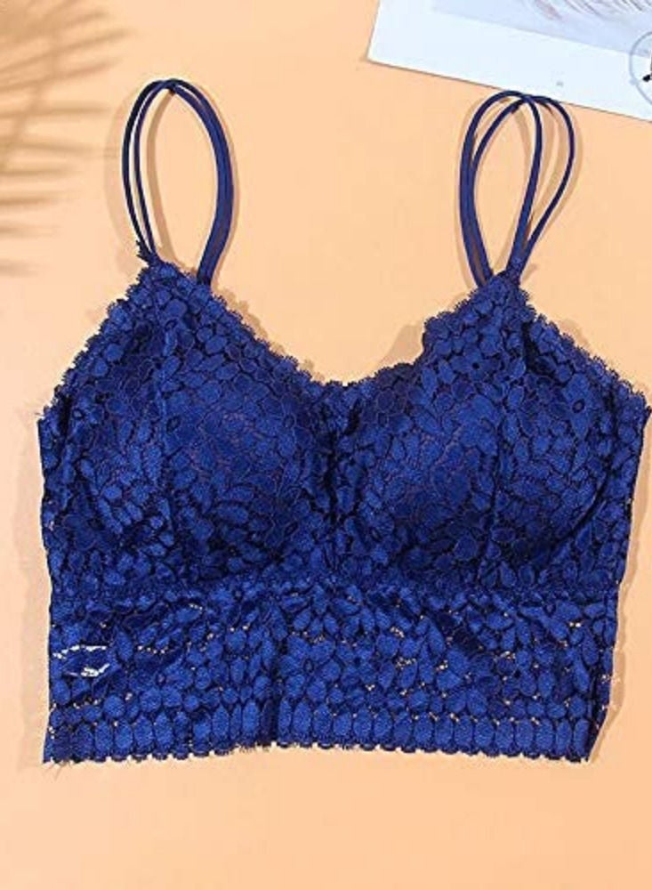 Glamroot Women Padded Floral Lace Bralettle Bra Blue - Image 4