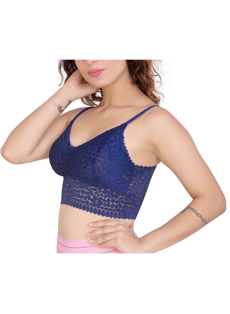 Glamroot Women Padded Floral Lace Bralettle Bra Blue - Image 2