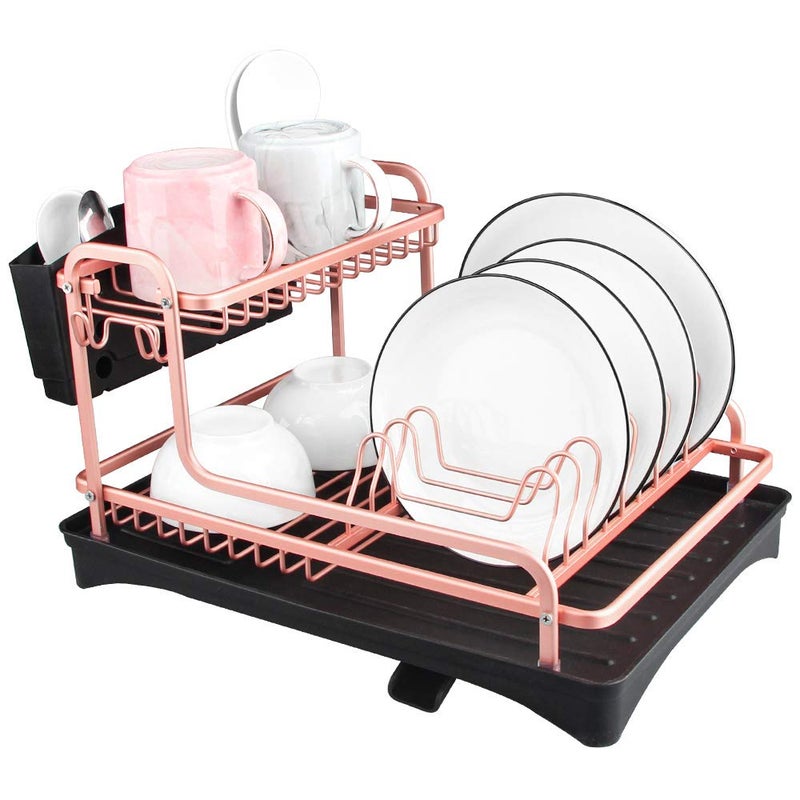 Tomorotec Never Rust Aluminum Dish Rack and Drain Board with Utensil Holder 2Tier Kitchen Plate Cup Dish Drying Rack Tray Cutlery Dish Drainer Matt Rose Gold