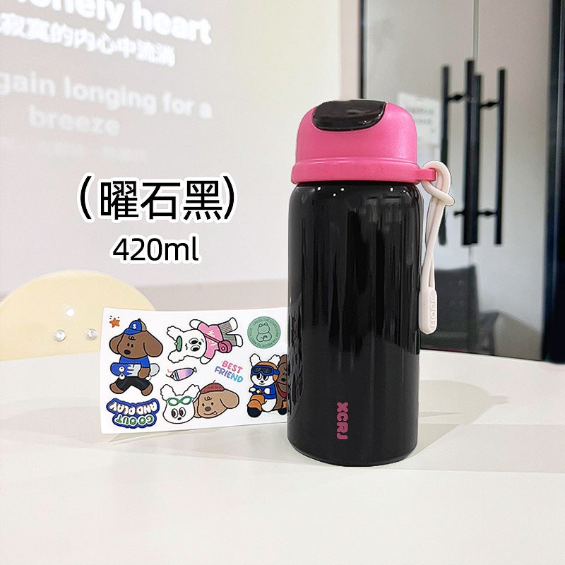 Simple school thermos cup student special portable straw cup cartoon cute small stainless steel cup wholesale X-212W black