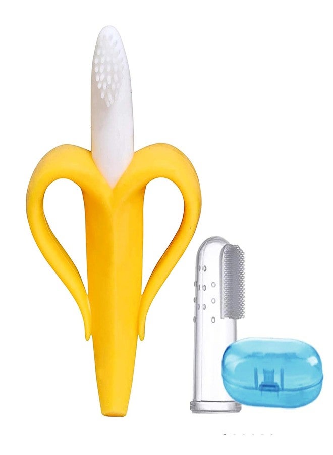Roforuf Silicone Reusable Baby Banana Teether & Infant Toothbrush 1 pc & Silicone Baby Finger Manual Toothbrush with Back Side toung Cleaner 1 pc (Pack of 2) - Image 1