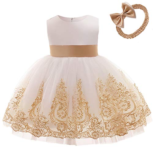AIMJCHLD Baby Princess Girls Embroidery Dresses Toddler Lace Ruffles New Year Easter Tutu Dress with Headwear 12M 18M (White Gold,80) - Image 3
