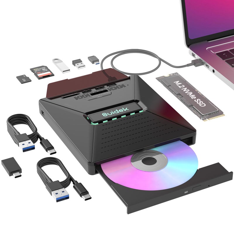 SUIDEK External CD DVD Drive for Laptop, 7 in 1 Portable CD DVD +/-RW Burner Reader with M.2 NVMe Interface,SD/Micro SD Card Slots and USB A Type C 2.0, Compatible with Laptop PC Mac Windows Linux - Image 1