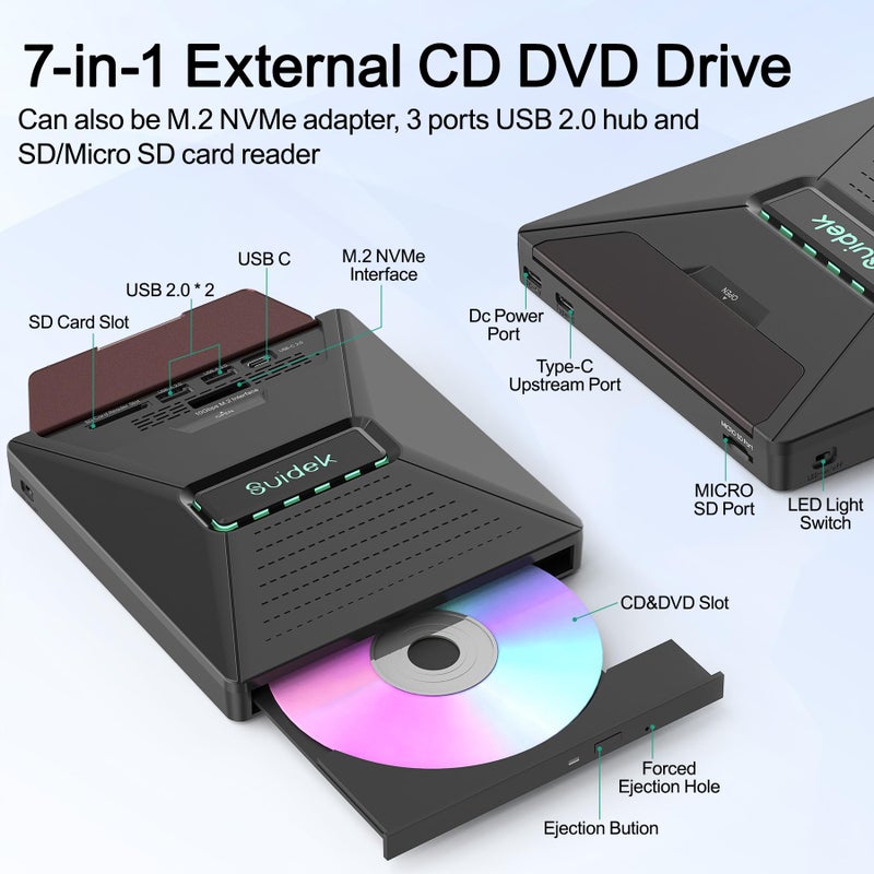 SUIDEK External CD DVD Drive for Laptop, 7 in 1 Portable CD DVD +/-RW Burner Reader with M.2 NVMe Interface,SD/Micro SD Card Slots and USB A Type C 2.0, Compatible with Laptop PC Mac Windows Linux - Image 2