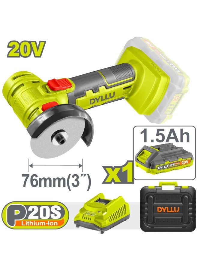 DYLLU P20S 20V Cordless Mini Angle Grinder 76mm (3 Inch), Compact 1.5Ah Li-Ion Battery Powered