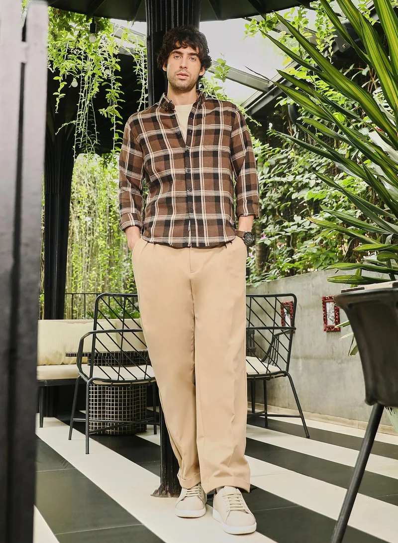 CAHOOT  Men's Mocha Brown Button-Down Ombre-Plaid Shirt for Men | Best Price UAE