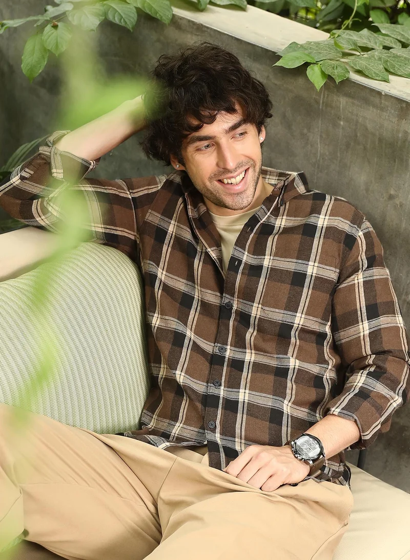 Campus Sutra Men Button-Down Ombre-Plaid Shirt | Button-Down Collar, Long Button-Cuff Sleeves | Button , Curved Hem | Plaid Twill | Woven Fabric For Casual & Daily Wear | Mocha Brown