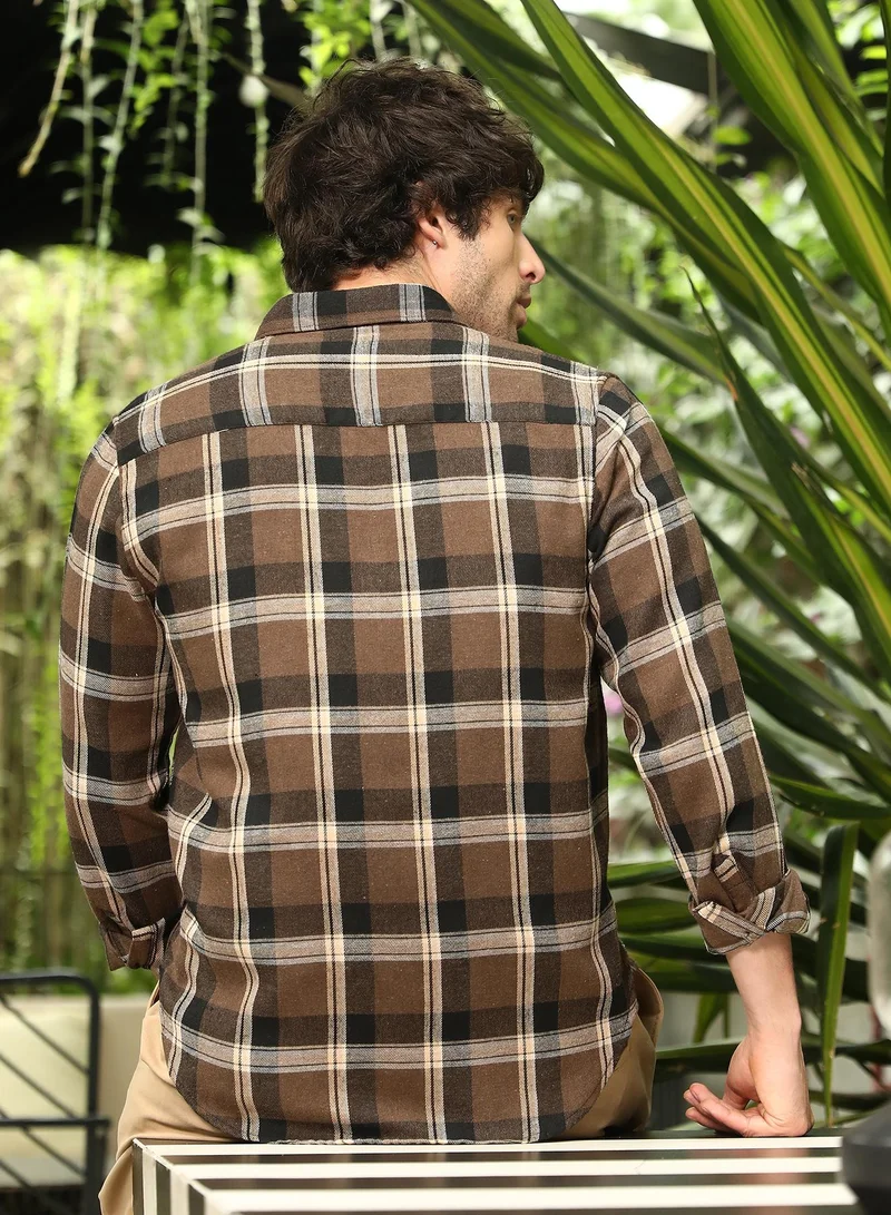 CAHOOT  Men's Mocha Brown Button-Down Ombre-Plaid Shirt for Men | Best Price UAE
