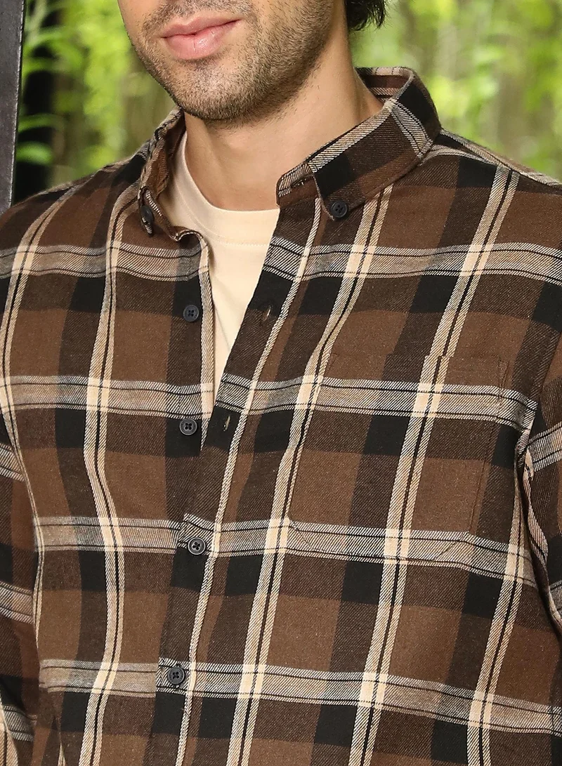 CAHOOT  Men's Mocha Brown Button-Down Ombre-Plaid Shirt for Men | Best Price UAE