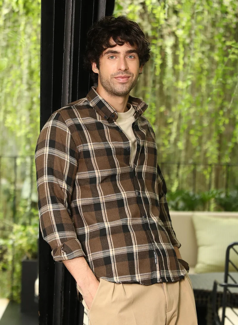 CAHOOT  Men's Mocha Brown Button-Down Ombre-Plaid Shirt for Men | Best Price UAE