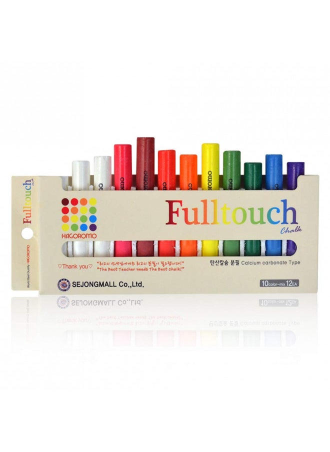Hagoromo Fulltouch Color Chalk Non-Toxic - [12 Pcs/10 Color Mix] 1 Box, Assorted Dustless Washable Chalk for Kids, Professional Use, Sidewalk, Chalk Board, Blackboard
