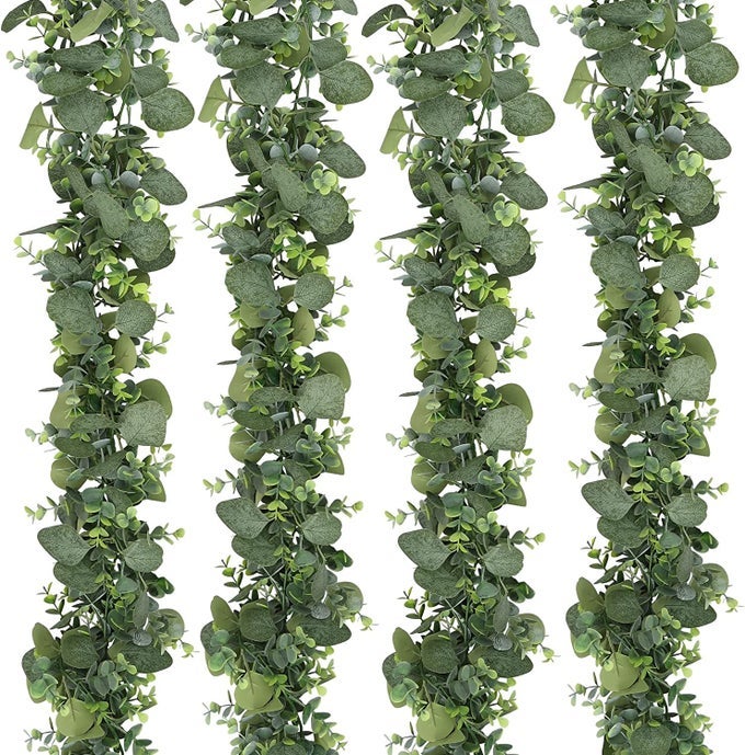 EUCALYPTUS GARLANDS4PACK 57FT LONG ARTIFICIAL MIXED EUCALYPTUS LEAVES VINE CHRISTMAS GREENERY GARLAND HANGING PLANTS FOR FARMHOUSE TABLE CENTERPIECE MANTEL WEDDING ARCH BACKDROP DECOR