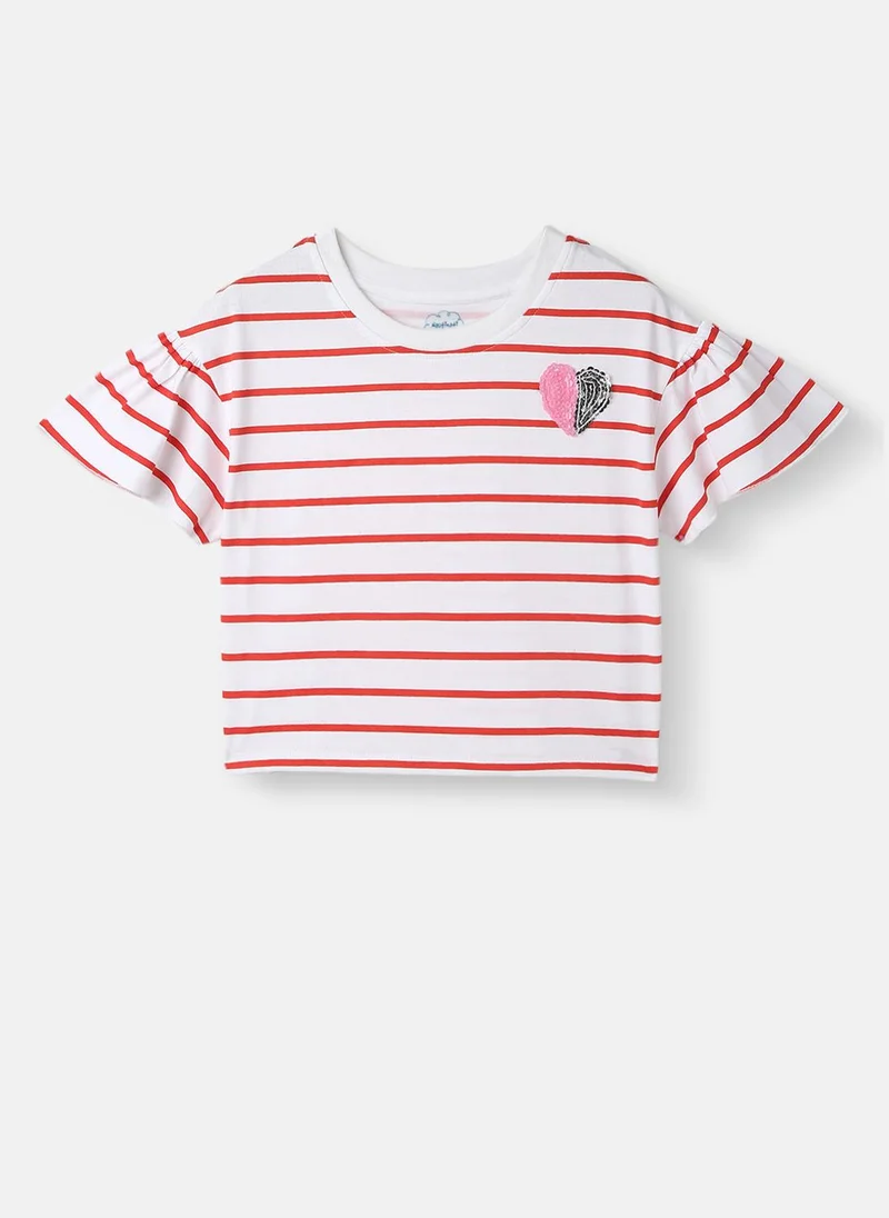 Nautinati Girls’ Cotton T-shirt |Striped T-shirt | Sequinned Flower | 4-8 Years