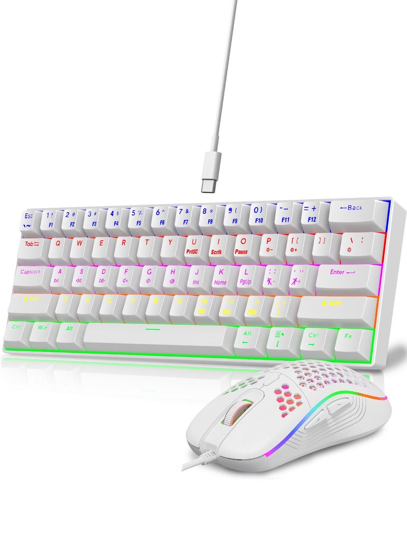 UCHUANG 60% Gaming Keyboard and Mouse Combo with Blue Switch, Ultra-Compact 61-Key RGB Backlit Mini Keyboard, Lightweight 7200 DPI Honeycomb Optical Mouse, Wired RGB Gaming Set for PC PS5 Xbox, White for Gaming and Everyday Use - Image 1