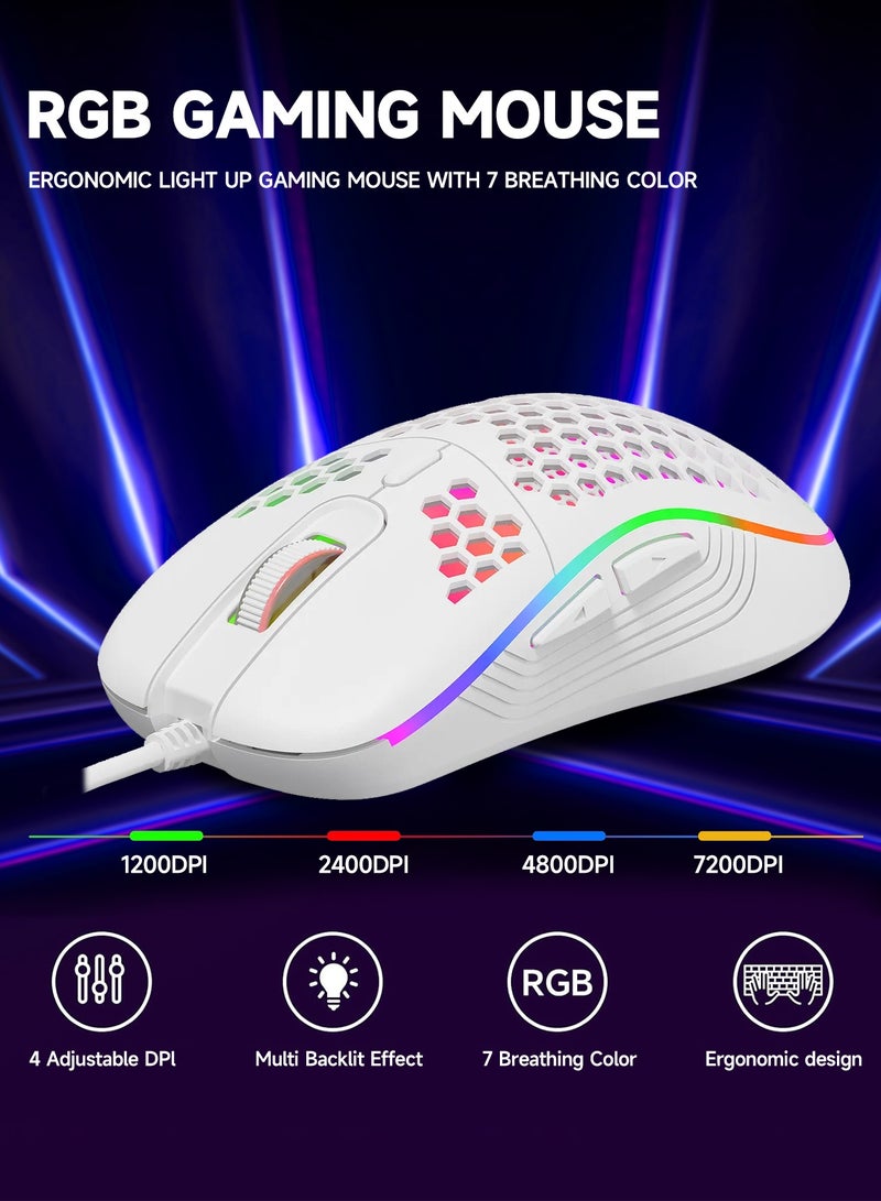 UCHUANG 60% Gaming Keyboard and Mouse Combo with Blue Switch, Ultra-Compact 61-Key RGB Backlit Mini Keyboard, Lightweight 7200 DPI Honeycomb Optical Mouse, Wired RGB Gaming Set for PC PS5 Xbox, White for Gaming and Everyday Use - Image 5
