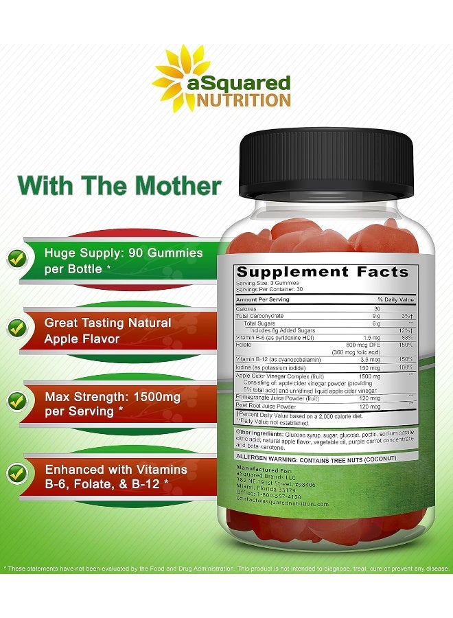 aSquared Nutrition Apple Cider Vinegar Gummies - 1500mg with The Mother - 90 ACV Gummies w/Vitamin B6 & B12, Folic Acid - Vegan Gummy Supplement Alternative to Capsules Pills & Drink - Image 3