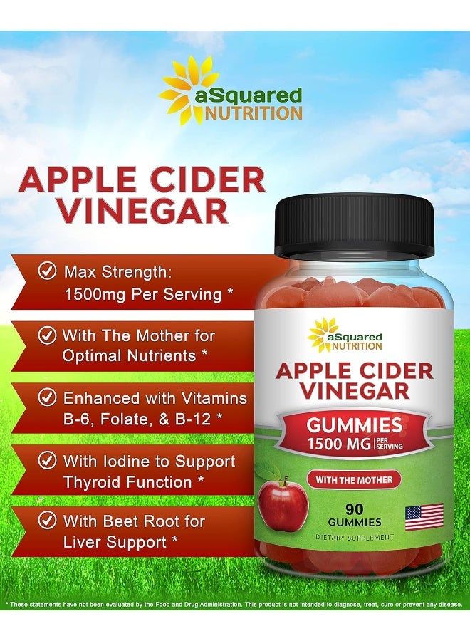 aSquared Nutrition Apple Cider Vinegar Gummies - 1500mg with The Mother - 90 ACV Gummies w/Vitamin B6 & B12, Folic Acid - Vegan Gummy Supplement Alternative to Capsules Pills & Drink - Image 2