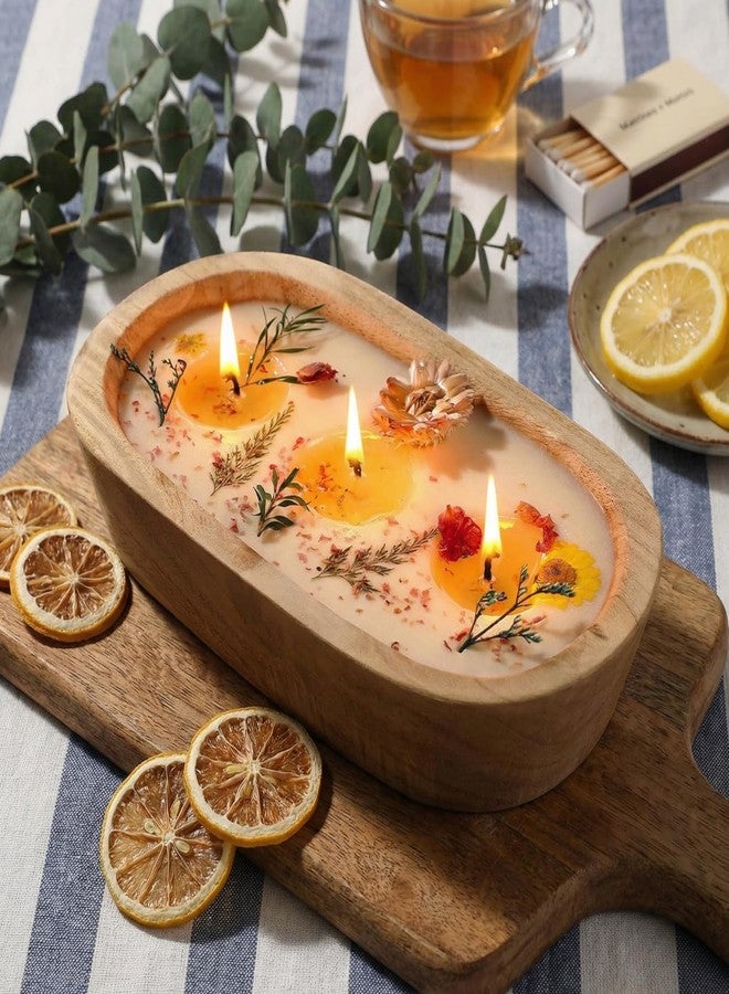 Conelist 9.45'' Large Fall Wooden Dough Bowl Candle Centerpiece Real Dried Flowers Soybean Wax Wooden Bowl Candles for Fall Autumn Thanksgiving Baby Shower Birthday Gift Holiday Table Decor - Image 3