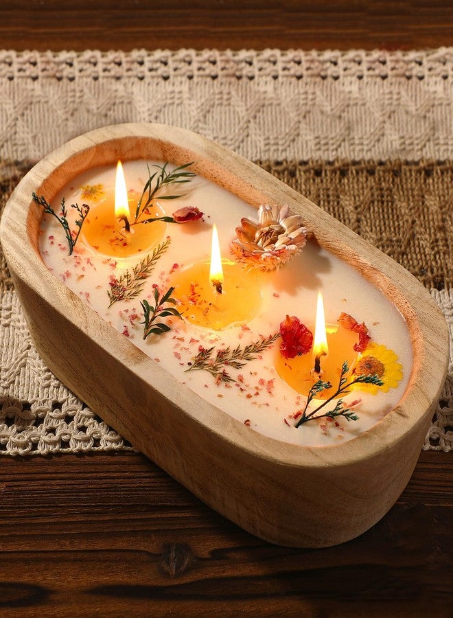 Conelist 9.45'' Large Fall Wooden Dough Bowl Candle Centerpiece Real Dried Flowers Soybean Wax Wooden Bowl Candles for Fall Autumn Thanksgiving Baby Shower Birthday Gift Holiday Table Decor - Image 1