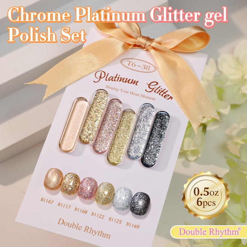 Double Rhythm 0.5 Oz Glitter Gel Polish Set of 6 Color with Display Borad 15 ml Full Size Kit Shimmer Reflective Sparkle Soak Off Manicure Salon DIY at Home (Rose Gold Silver Black Bright-T6-38) - Image 2