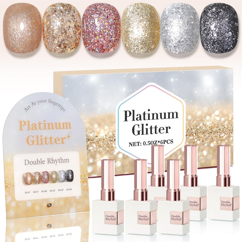 Double Rhythm 0.5 Oz Glitter Gel Polish Set of 6 Color with Display Borad 15 ml Full Size Kit Shimmer Reflective Sparkle Soak Off Manicure Salon DIY at Home (Rose Gold Silver Black Bright-T6-38) - Image 1