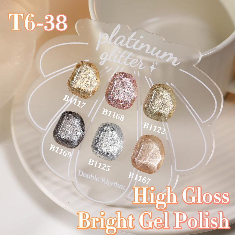 Double Rhythm 0.5 Oz Glitter Gel Polish Set of 6 Color with Display Borad 15 ml Full Size Kit Shimmer Reflective Sparkle Soak Off Manicure Salon DIY at Home (Rose Gold Silver Black Bright-T6-38) - Image 5