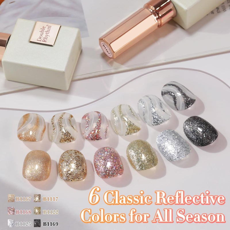 Double Rhythm 0.5 Oz Glitter Gel Polish Set of 6 Color with Display Borad 15 ml Full Size Kit Shimmer Reflective Sparkle Soak Off Manicure Salon DIY at Home (Rose Gold Silver Black Bright-T6-38) - Image 3