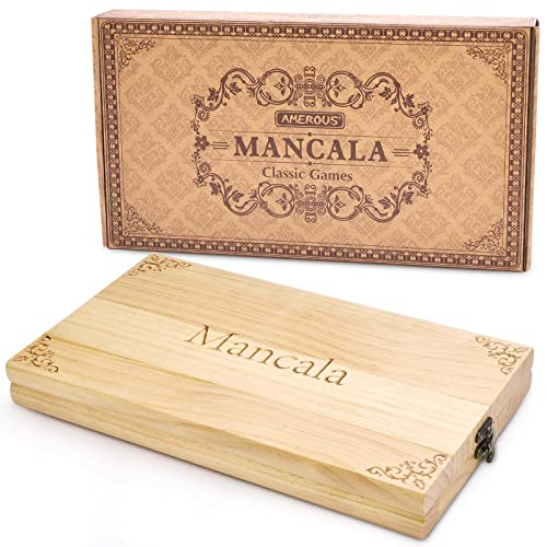 AMEROUS Wooden Mancala Board Game Set  Upgraded Larger Size  728 Bonus Multi Color Glass Stones  Folding Board  Gift Package Instructions Portable Board Game for Adults Kids - Image 1