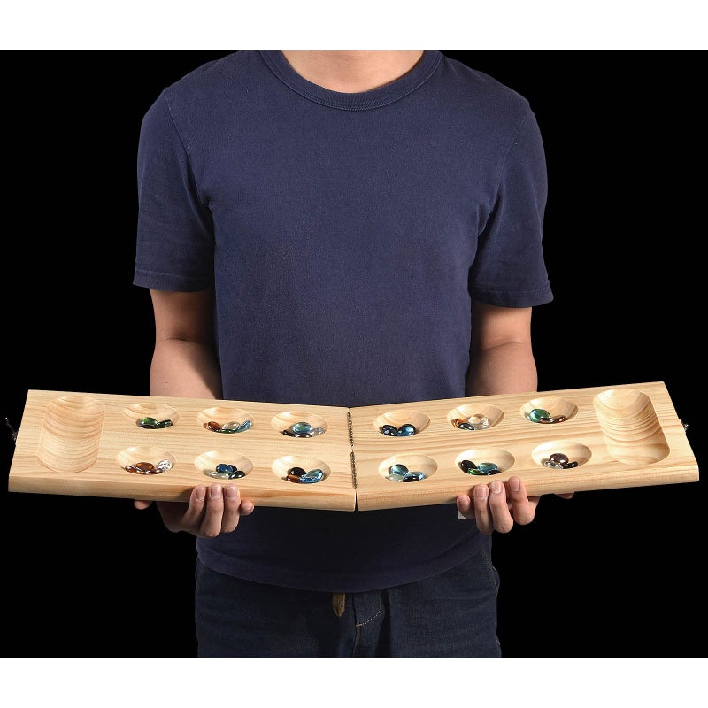 AMEROUS Wooden Mancala Board Game Set  Upgraded Larger Size  728 Bonus Multi Color Glass Stones  Folding Board  Gift Package Instructions Portable Board Game for Adults Kids - Image 3
