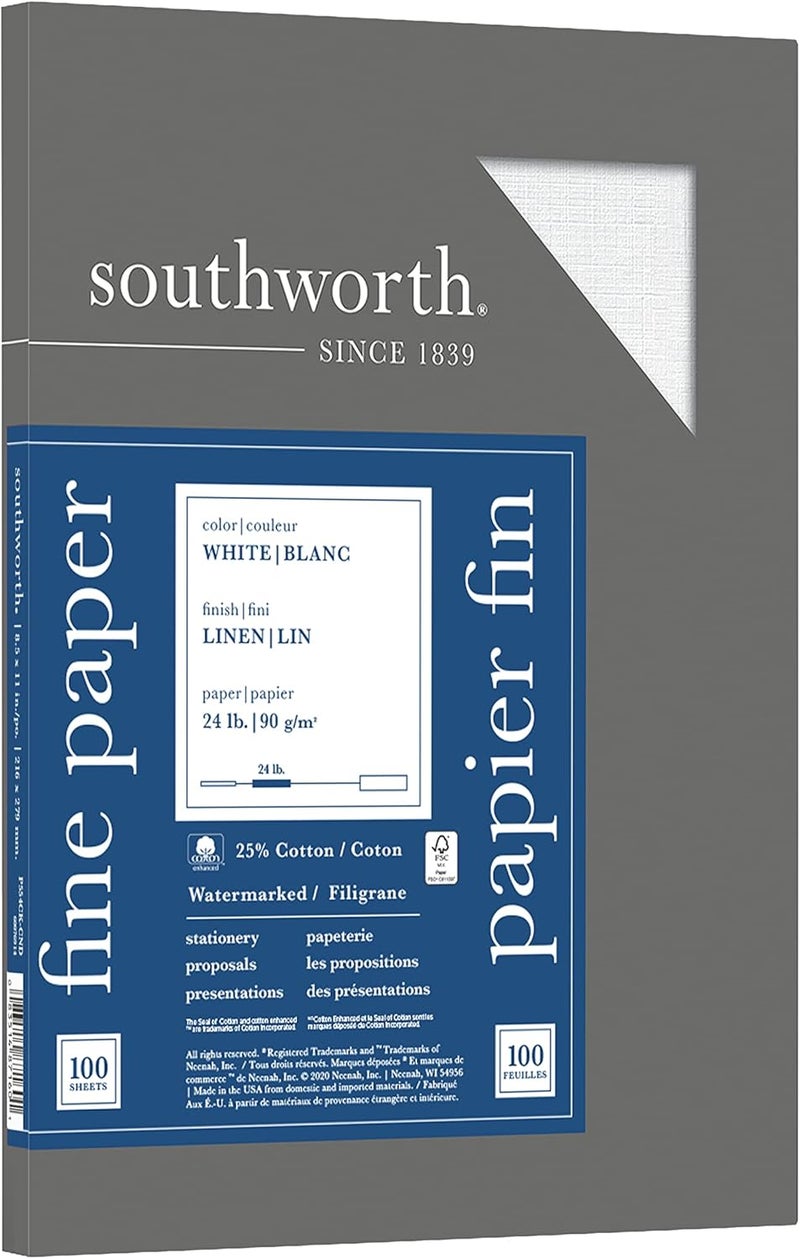 Southworth ورق أعمال قطن كتان ساوثوورث 25 أبيض بحجم 85 × 11 100 ورقة لكل عبوة 24 رطل 94 سطوع - Image 1