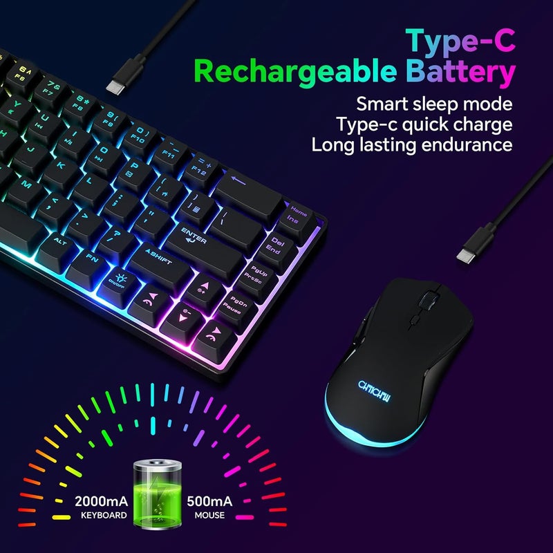 CHONCHOW مجموعة لوحة مفاتيح وماوس لاسلكية للألعاب من CHONCHOW بنسبة 60%، لوحة مفاتيح RGB بإضاءة خلفية قابلة للشحن، لوحة مفاتيح وماوس لاسلكي للألعاب متوافقة مع Xbox PS4 PS5 PC Laptop - أسود - Image 2