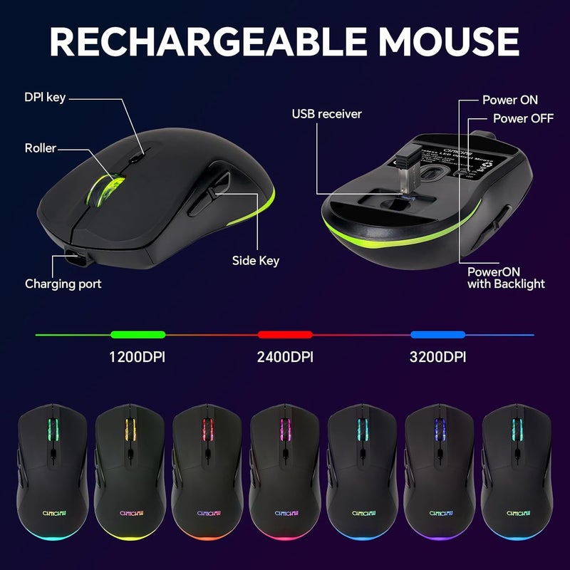 CHONCHOW مجموعة لوحة مفاتيح وماوس لاسلكية للألعاب من CHONCHOW بنسبة 60%، لوحة مفاتيح RGB بإضاءة خلفية قابلة للشحن، لوحة مفاتيح وماوس لاسلكي للألعاب متوافقة مع Xbox PS4 PS5 PC Laptop - أسود - Image 3