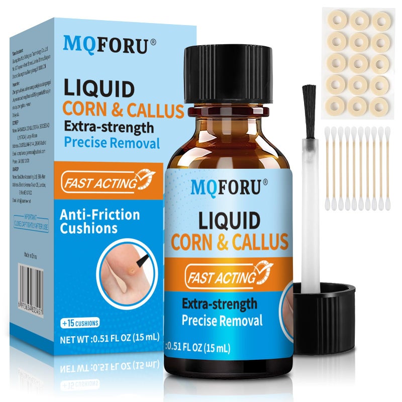 MQFORU مزيل الذرة والجلد الميت السائل للأصابع والقدمين، قوة إضافية لإزالة الذرة بسرعة، 0.5 أونصة سائلة + 15 وسادة للذرة + 10 مسحات، حل فعال للعناية بالقدمين - Image 1