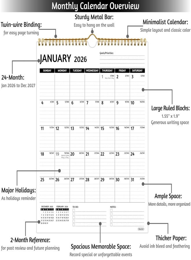 BowCuk Wall Calendar 2026-2027 - Calendar 2026-2027 Wall, 2 Year Calendar, Jan 2026 - Dec 2027, 11.5 x 14.5 In, 2026 Calendar with Large Blocks, Thick Paper, Holidays, To-do ＆ Notes, Great for Organizing - Image 3