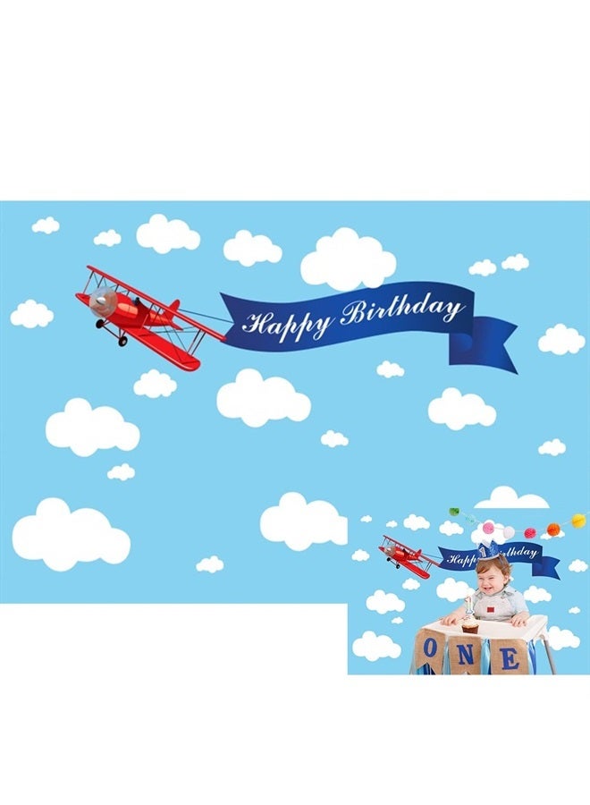 Baocicco 5x3ft Happy Birthday Red Plane Backdrop Cartoon Plan Blue Sky White Cloud Happy Birthday Photography Background Birthday Party Backdrop Boy Girl Photo Portraits Studio Video Props Booth - Image 1
