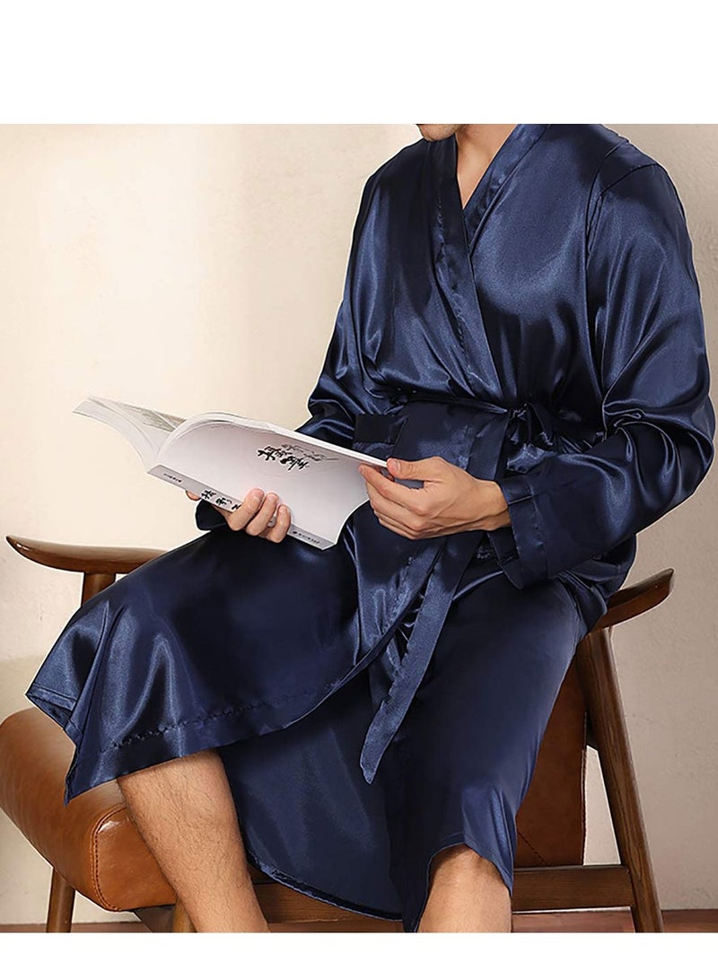MARGOUN Men's Dressing Gown Kimono Robe Lightweight Silk Long Sleeved Home Sleepwear Loungewear Blue Large(Length 47''/Chest 25'') - Image 4