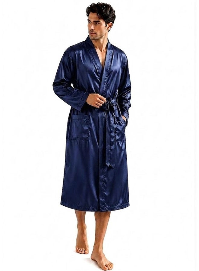 MARGOUN Men's Dressing Gown Kimono Robe Lightweight Silk Long Sleeved Home Sleepwear Loungewear Blue Large(Length 47''/Chest 25'') - Image 2