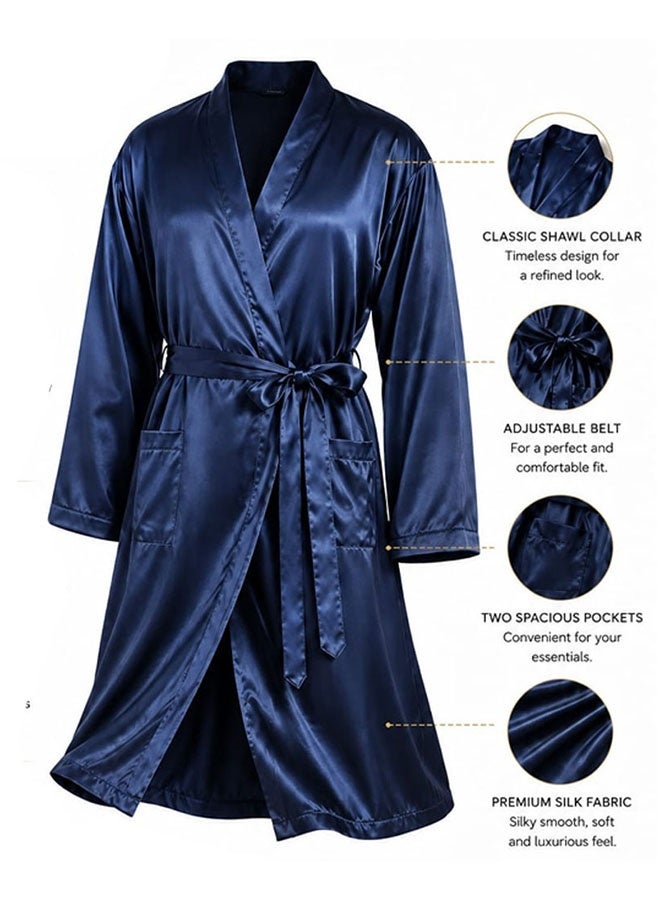 MARGOUN Men's Dressing Gown Kimono Robe Lightweight Silk Long Sleeved Home Sleepwear Loungewear Blue Large(Length 47''/Chest 25'') - Image 5